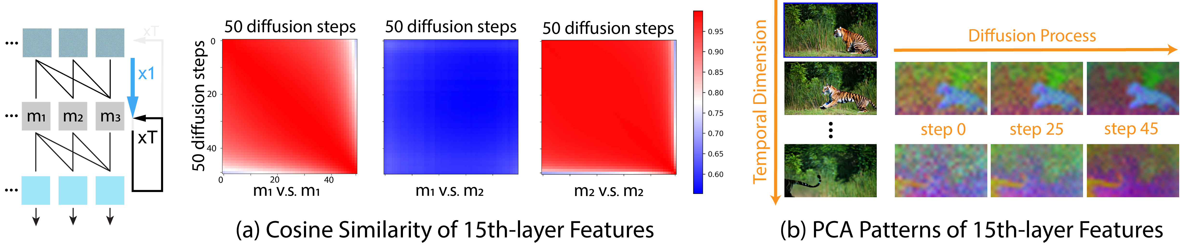 Cosine similarity matrices and PCA patterns showing redundant computation across denoising steps in early layers.